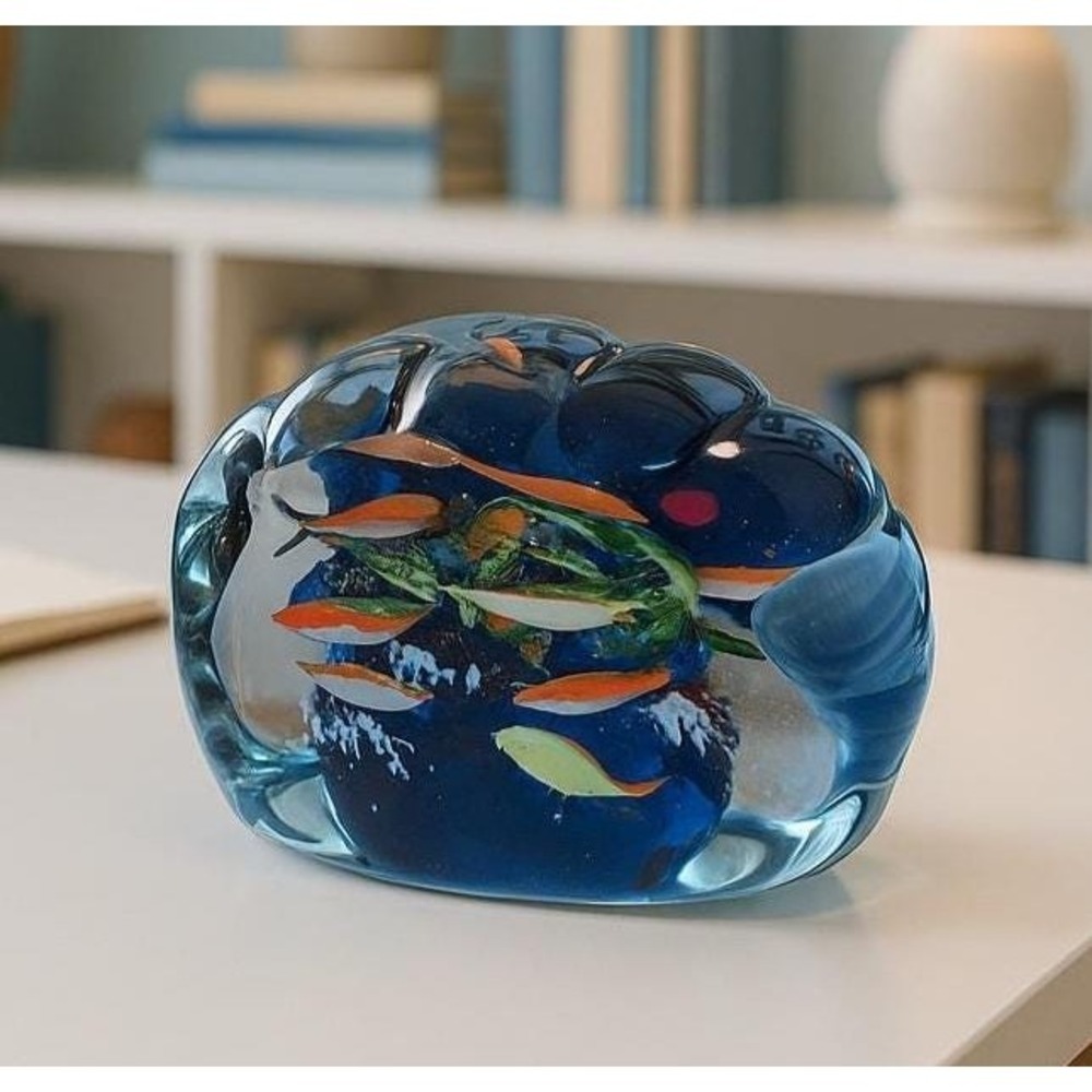 Hand Blown Glass Paperweight Fish Ocean Scene Coastal Decor
